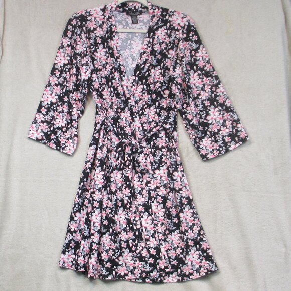Rene Rofe Women's Black Pink Floral Sleepwear Open Robe Lightweight Size L - Picture 1 of 5
